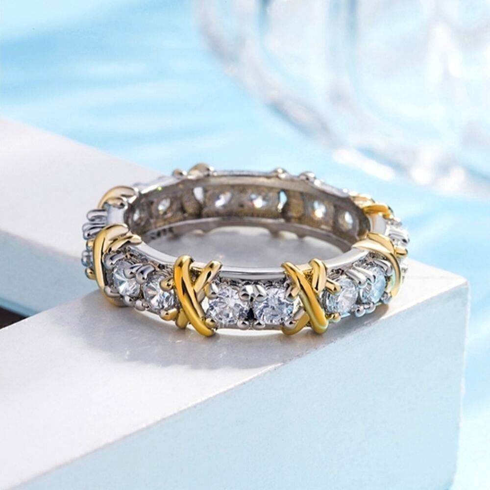 Exquisite Dual Color X Ring Platinum Plated Rhinestone Women